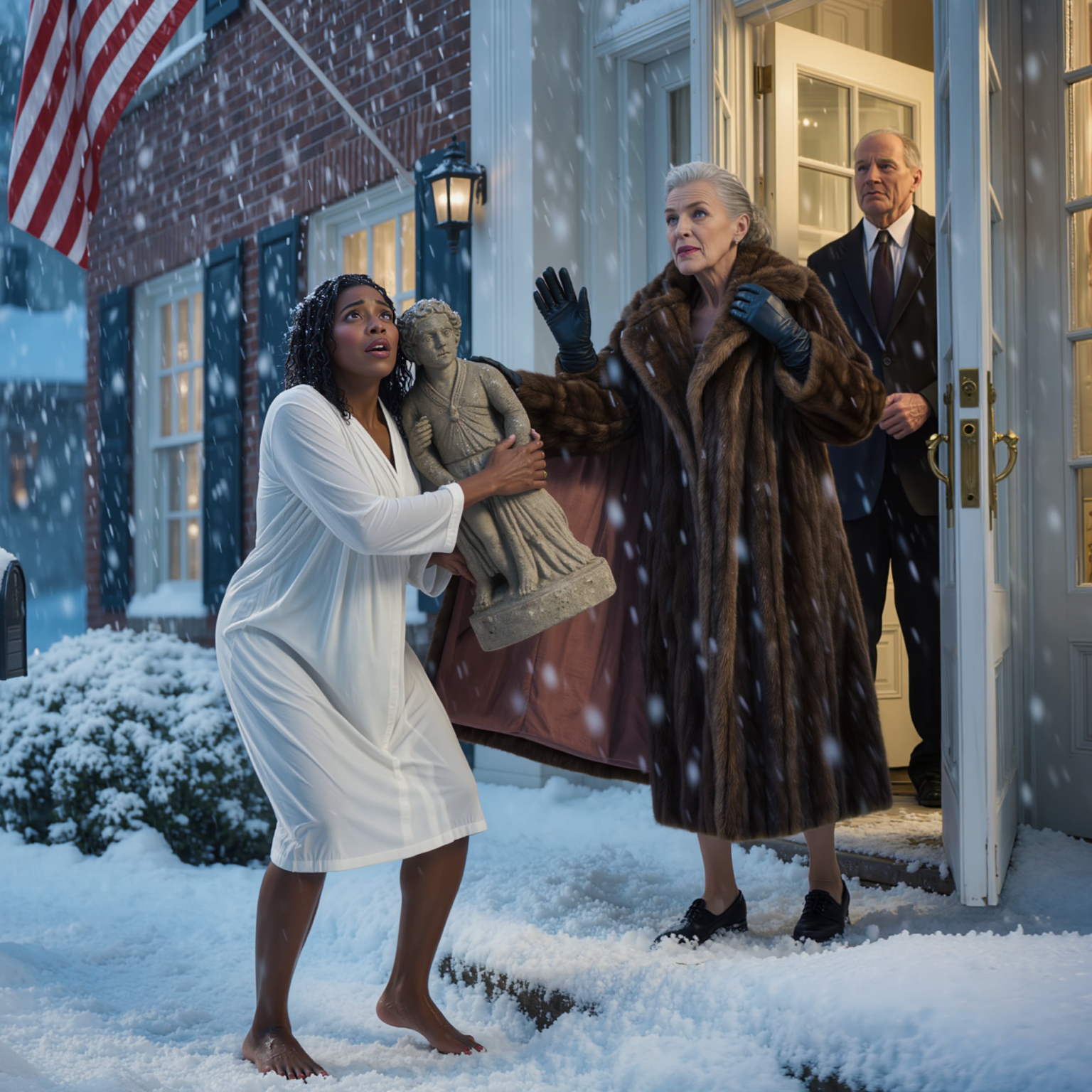 Walk back to your folks. Hope you don’t freeze to death,” my husband screamed, locking me out on the street in the dead of winter, wearing nothing but a thin nightgown—and when the elderly neighbor from the massive estate next door stepped out,