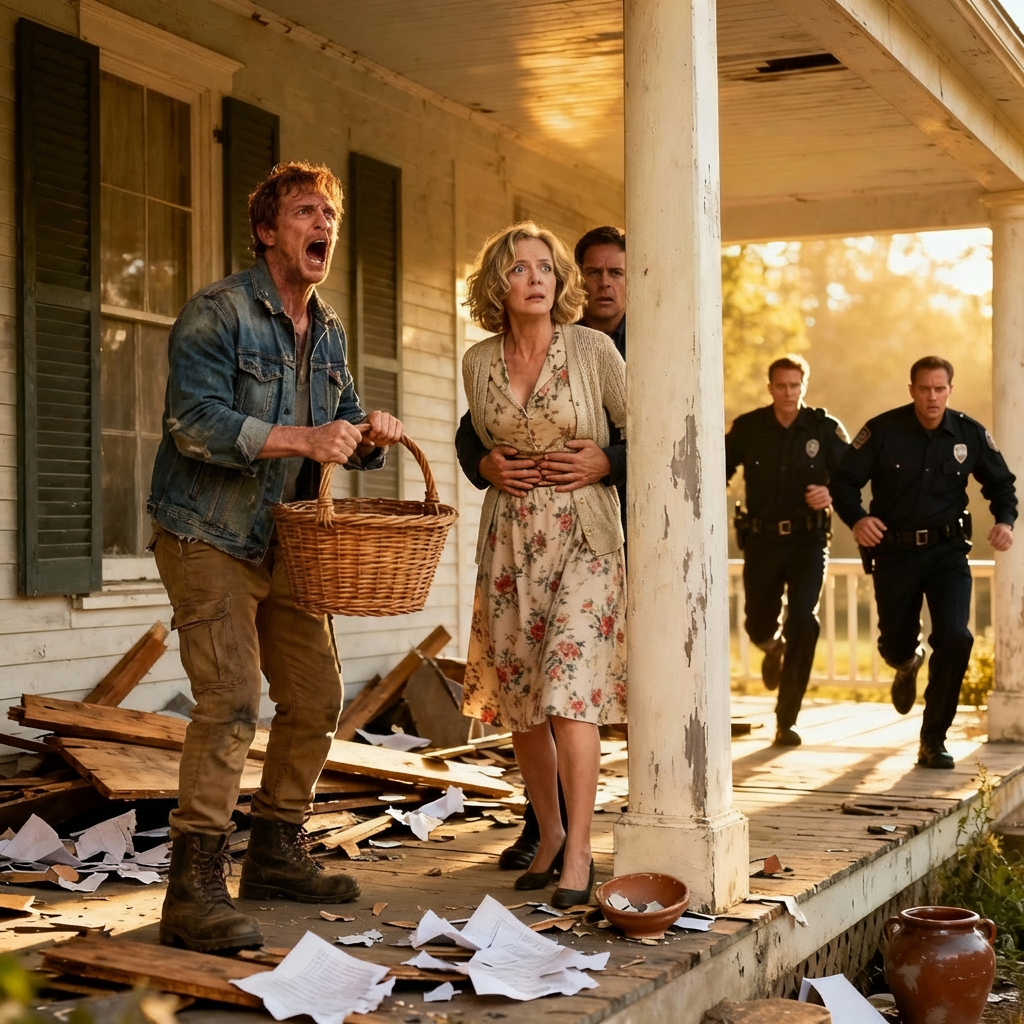 Jag kom hem och hittade min mamma gråtande på verandan, med sina tillhörigheter utspridda överallt. Min kusin låste dörren och skrek: “Gå ut! Det här huset är mitt nu!” Jag hjälpte henne in i bilen och ringde tyst. Trettio minuter senare blinkade röda och blå polisljus över gården. En polis kom fram till min kusin och sa: “Sir, ni är arresterad.” –