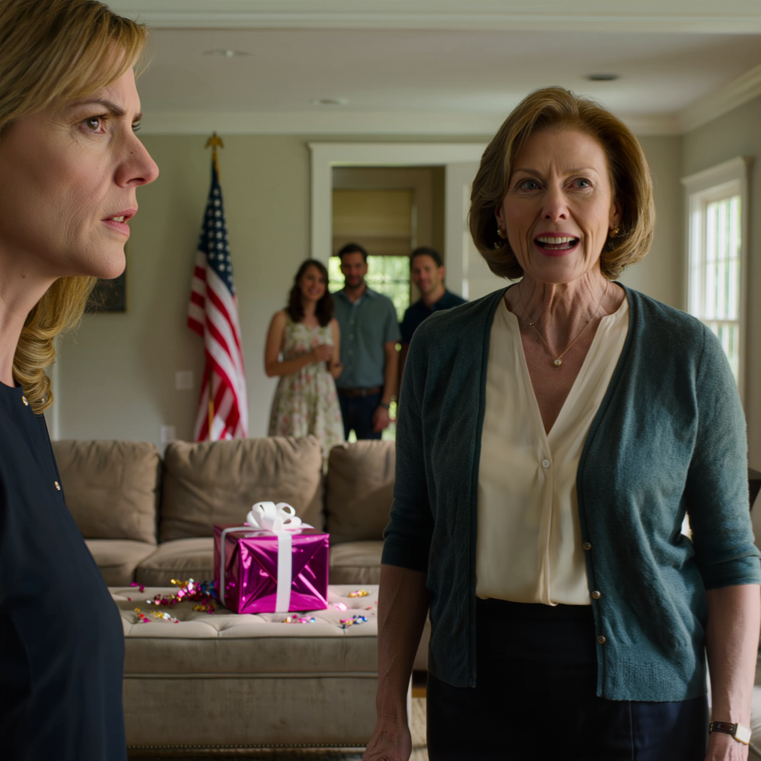 På min 9-åriga dotters födelsedagsfest i Columbus anlände min svärmor sent med en glansig rosa presentlåda, insisterade på att min lilla flicka skulle öppna den direkt i vardagsrummet, och sa sedan kallt att den var tom eftersom hon i år hade varit en “elak flicka”; min svägerska skrattade till och med som om det var underhållning, tills min makes mormor långsamt reste sig och sa en mening som förändrade hela atmosfären i rummet