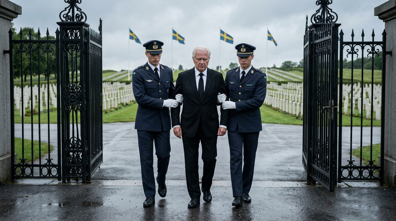 Två unga gardister skrattade och avvisade en 87-årig man från en generals begravning, och kallade honom en ingen utan rätt bricka, tills en tyst kapten lade märke till den slitna dräkten, de stirrande ögonen och en krokig, mattad nål, ringde ett brådskande samtal, och plötsligt rusade en rad svarta Suburbans uppför backen, eftersom en fyrstjärnig general just hade beordrat hela processionen att stanna.
